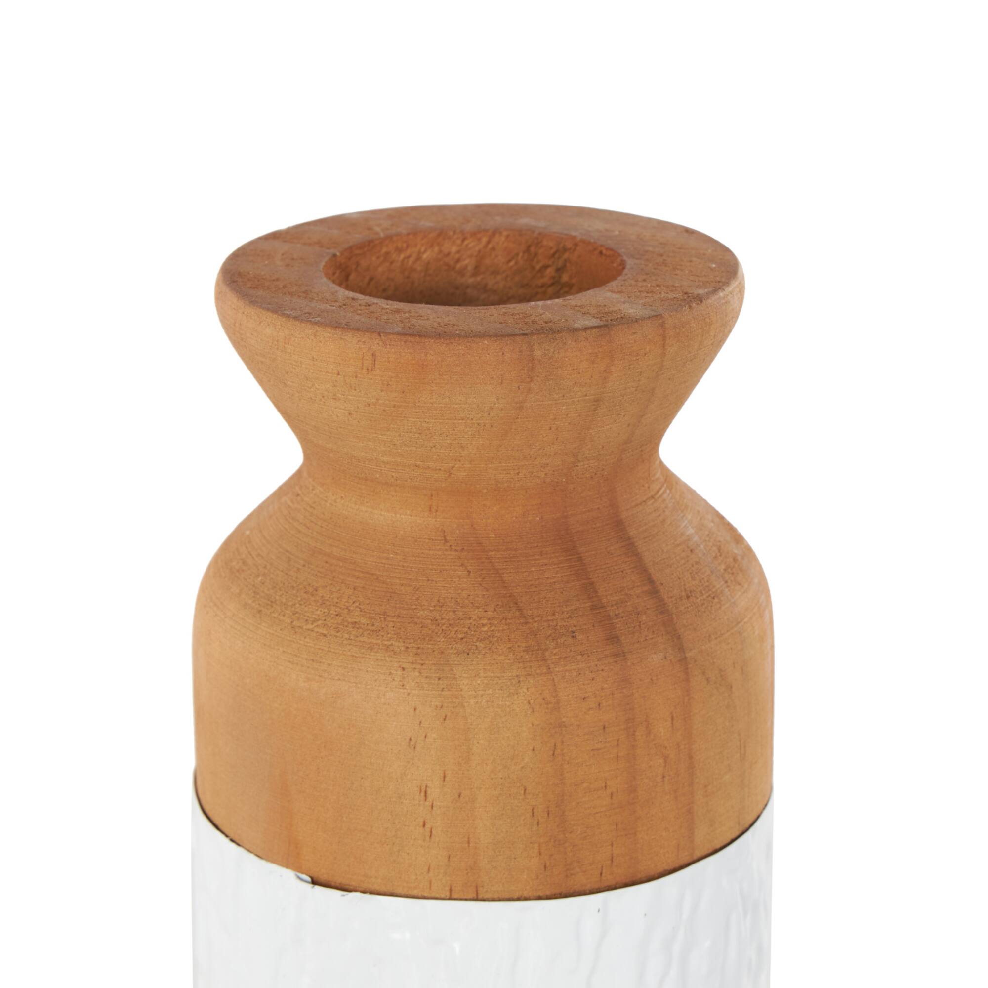 Brown & White Textured Metal & Wood Vase Set